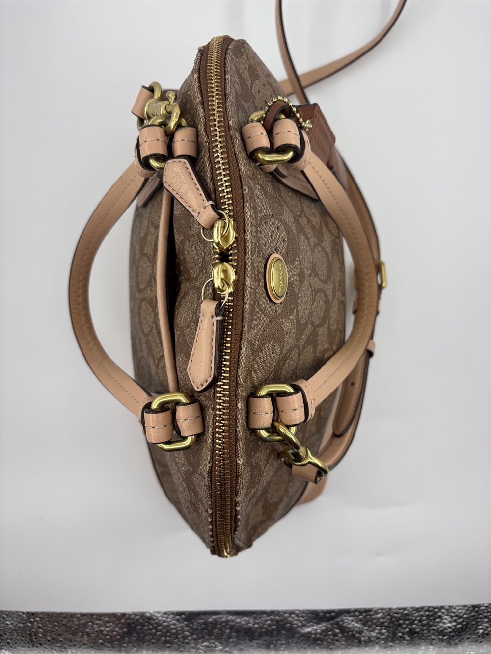 Coach Brown Perforated Signature Satchel with Tan Leather Trim - Picture 7 of 11